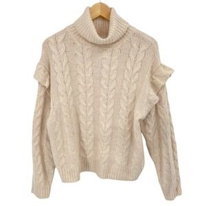 NWT Joe's Jeans Cream Cable Knit‎ Turtleneck Ruffle Shoulder Sweater Womens M